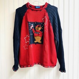Karen Scott Sport Large Red White Blue Sweater USA Flag July 4th Bear Cotton